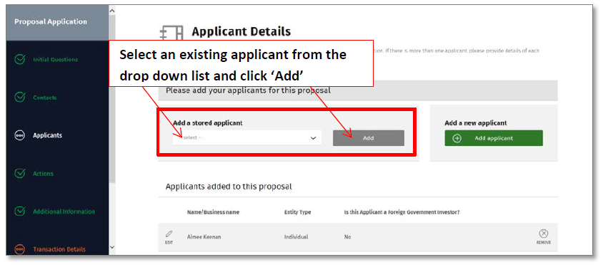 Selecting an existing applicant