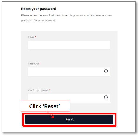 Typing in the registered email address and new password, the click Reset